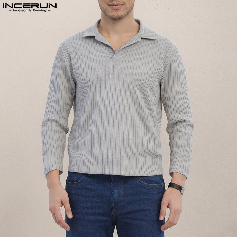 INCERUN Осень Зима Мужские Пуловеры Топы с Лацканами, Длинным Рукавом, Повседневной Текстурой в Рубчик