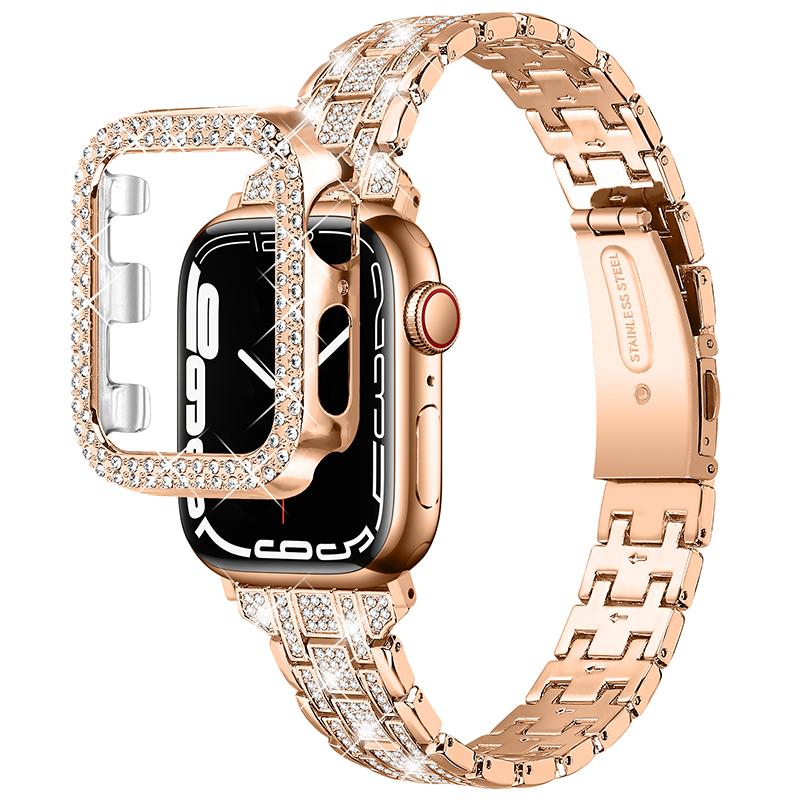 For Apple Watch Series 8 45mm/7 45mm Anti-wear PC Watch Case+5 Rows Stainless Steel Rhinestone Decor Watch Band
