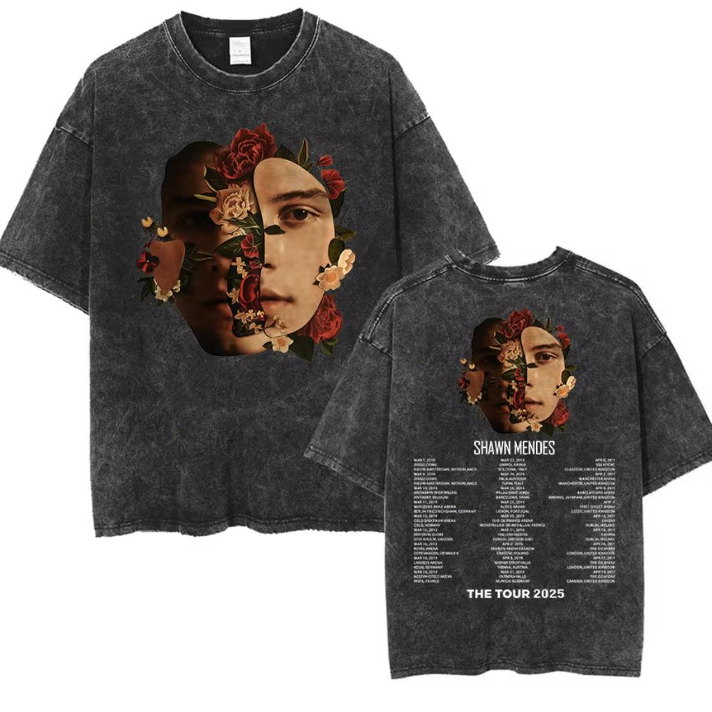 Rapper Shawn Mendes Tour  Album Vintage Washed Tee Shirt Mens Hip Hop Oversized Tshirt Fashion High Quality Cotton T Shirts
