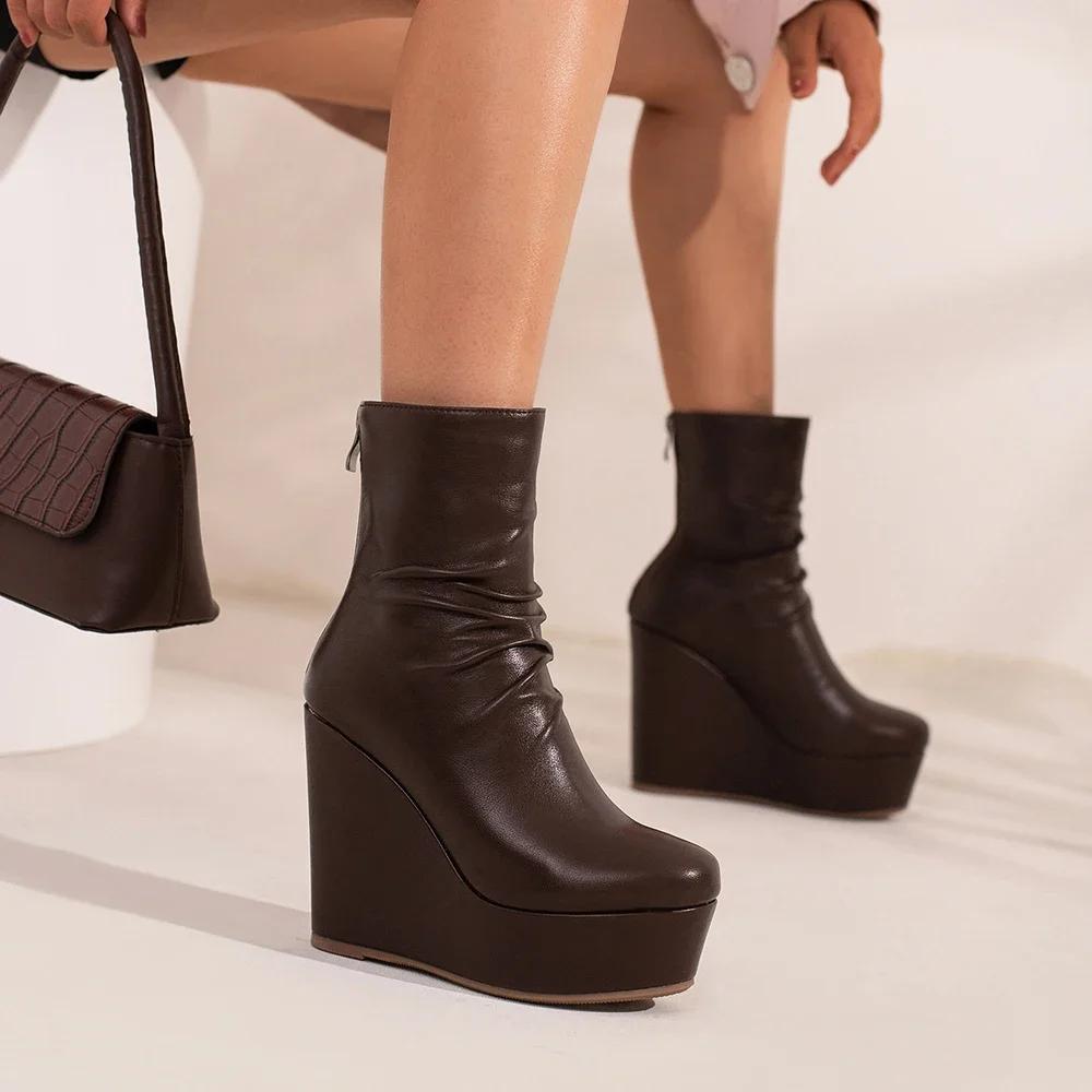 Модні танкетки черевики до щиколотки Жіноче зимове осіннє взуття Модні жіночі короткі чоботи на платформі зі штучної шкіри Сексуальні високі підбори Чорне взуття Жіноче