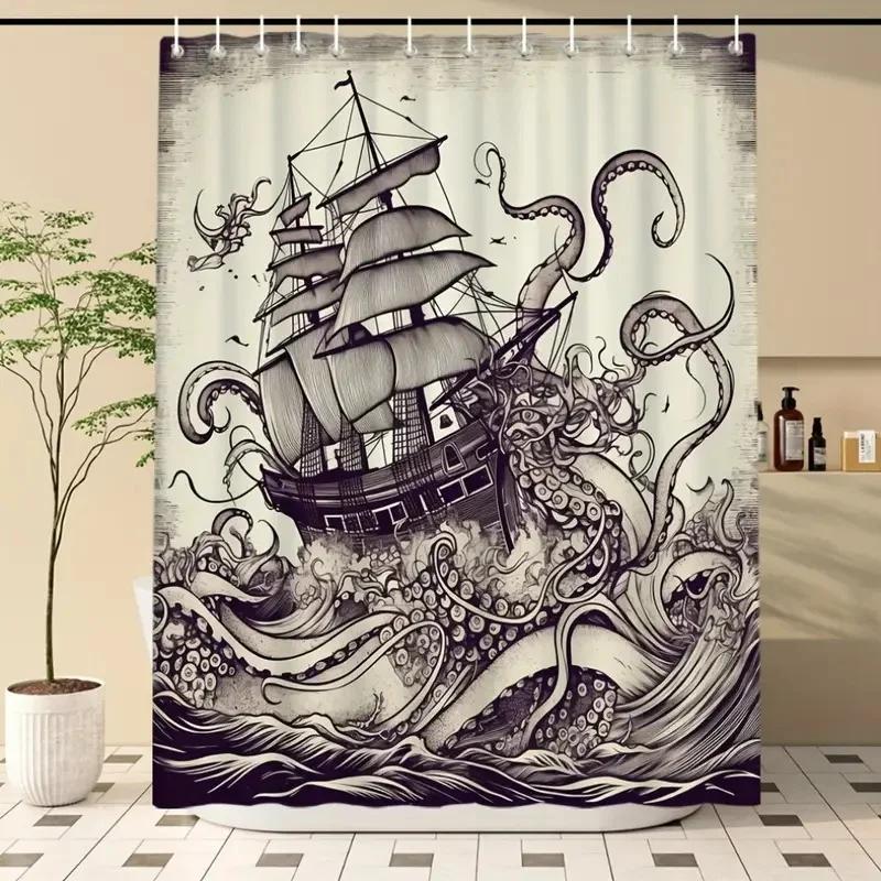 Винтажная морская водонепроницаемая шторка для душа с осьминогом, темно-синяя, с русалкой, забавная, океанская, морской монстр, шторка для ванны, шторка для душа, карта Анкориджа