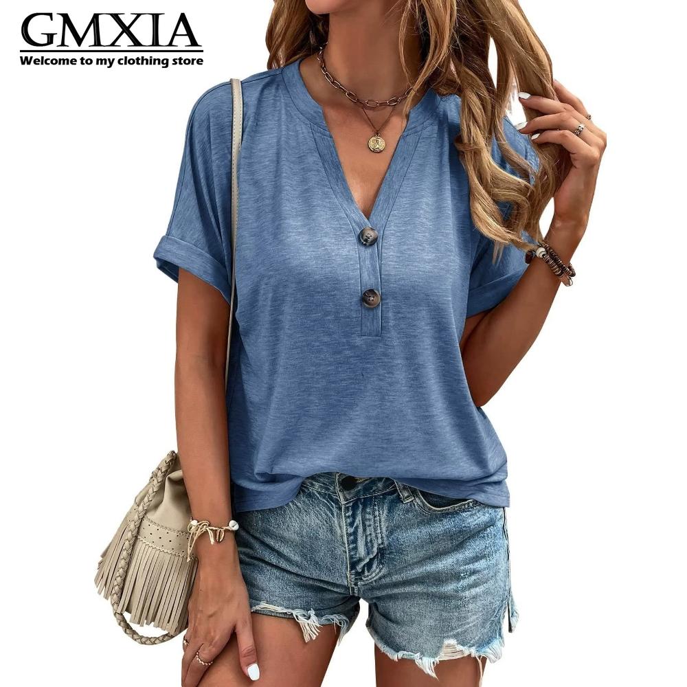 GMXIA Women's Fashion Casual Solid Color Print Short Sleeve V Neck Leisure Blouses & Shirts