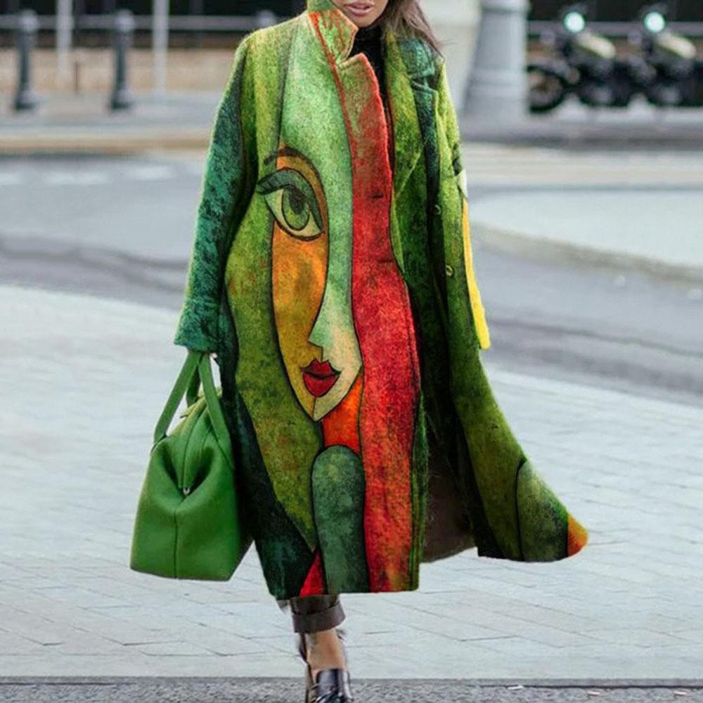 Europe And The United States Fall Women's Long-sleeved Lapel Coat Printed Tweed Long Coat