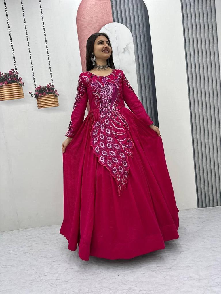 Женское платье Vichitra Silk с вышивкой | Длинное этническое платье для вечеринки с обильной вышивкой пайетками | Полностью сшитое