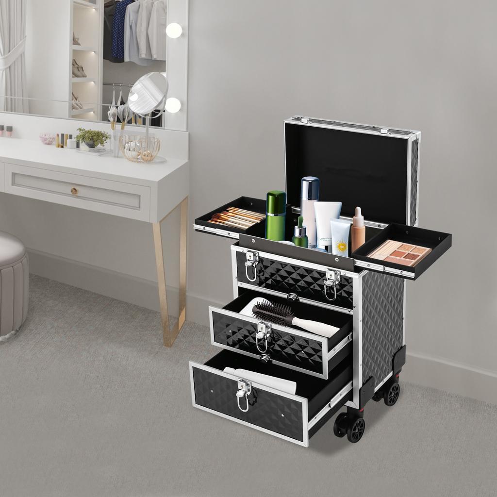 Professional Rolling Makeup Case with 3-Tier Storage & 2 Sliding Drawers, Black Cosmetic Organizer with 30kg/66lbs Load Capacity