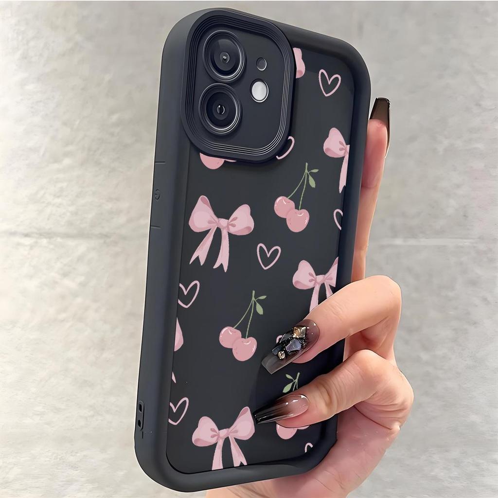 Черный чехол с вишневым бантом и желобками, полное покрытие, для Samsung и iPhone 13-17