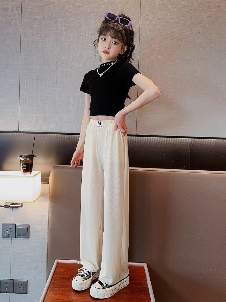 2024 Летние брюки прямого кроя из ледяного шелка для девочек - Тонкие, свободные, дизайн для длинных ног для подростков