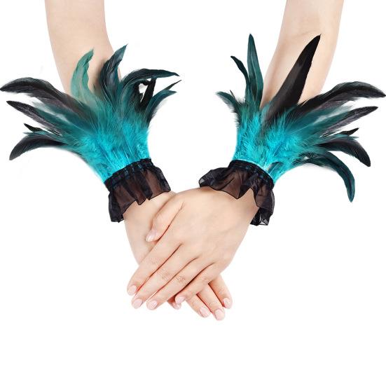 Women's Feather Wrist Cuffs Gothic Feather Fingerless Gloves Wristband Mesh Cuff for Halloween Cosplay Costume Accessories