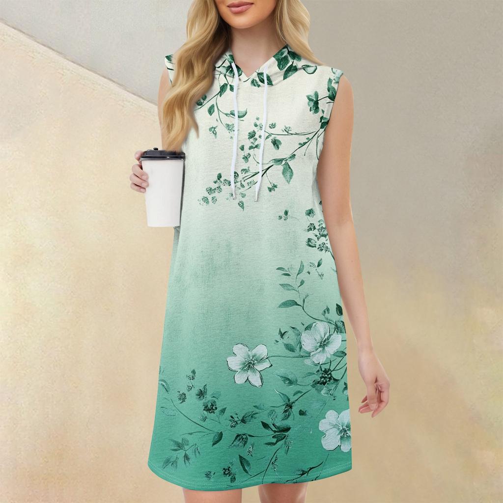 Women's Casual Fashion Round Neck Sleeveless Print Hooded Drawstring Dress