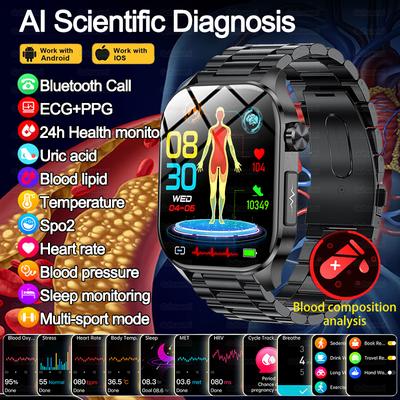 Умные часы ECG+PPG с функцией звонков по BT, push-уведомлениями, физическим обследованием, монитором здоровья, артериального давления, мочевой кислоты, кислорода в крови, спортивные умные часы
