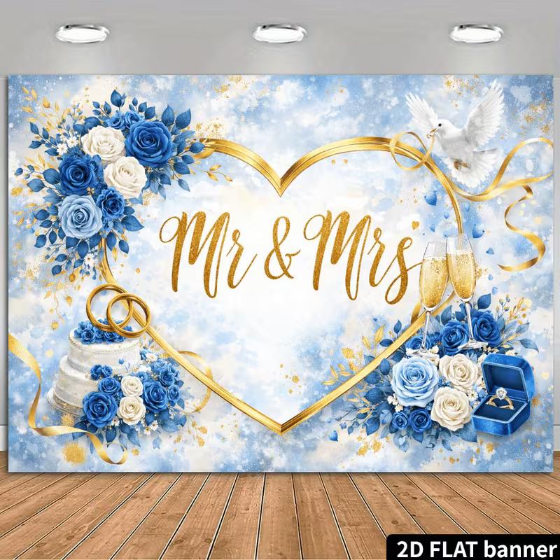 2D Сине-золотой Mr & Mrs Фотофон Свадебное Сердце Баннер для Фотобудки