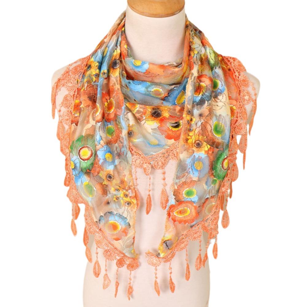 Colorful Lace Scarf with Tassel Flower Triangle Headband Sweet Printed Wraps Seaside