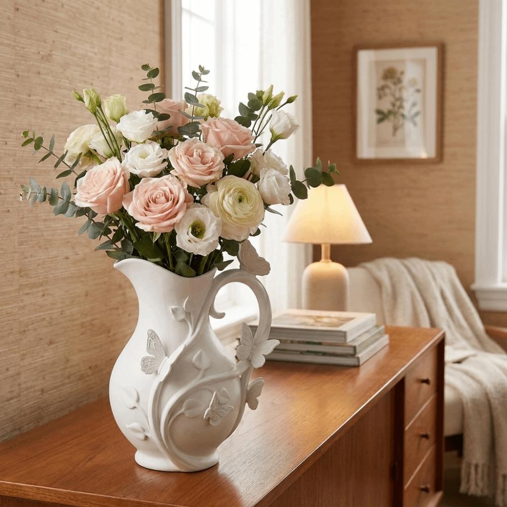 Matte Finish Pitcher‑Shaped Flower Vase Decorative 3D Embossed Vase Farmhouse Decor