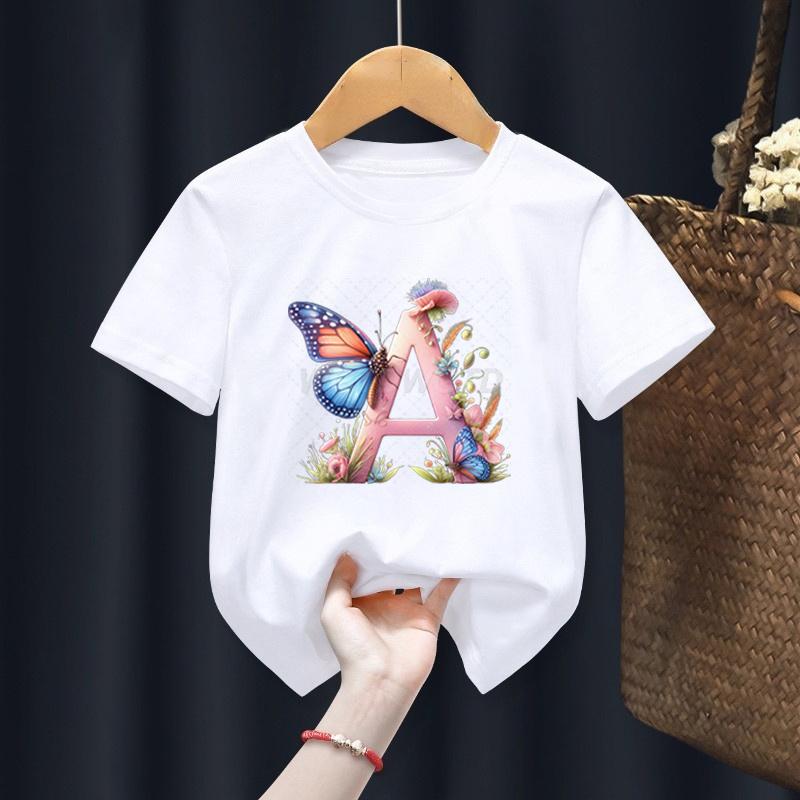 Alphabet Design Girl T-shirt Outfits Watercolor Butterfly Flower Letters T-shirts for Toddler Girl Initials Floral Top