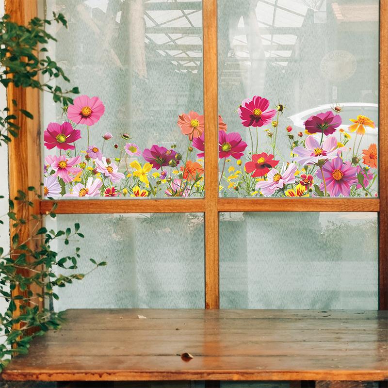 Красивые Разноцветные Цветы Наклейки на Стену Декор для Стекла Окна Фреска Комната Окно Украшение для Дома Самоклеящиеся Наклейки