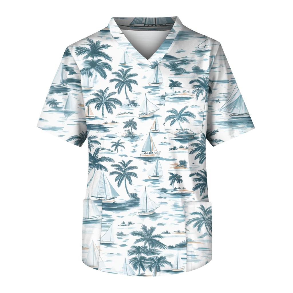 Men's Short Sleeve V-Neck  Print Chest Pocket Care Top