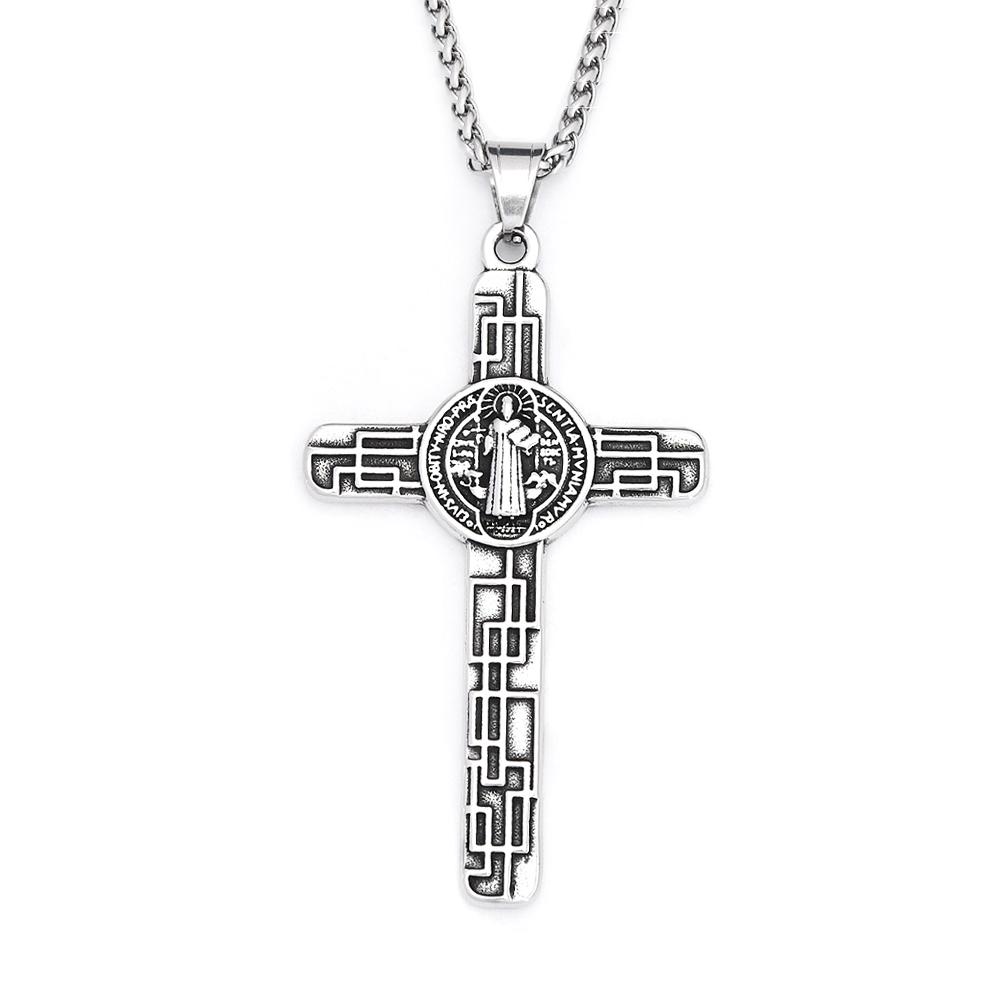 Vintage Catholic Jesus Cross Pendant Necklace Stainless Steel Fashion Saint Benedict Cross Necklace for Men Women Amulet Jewelry