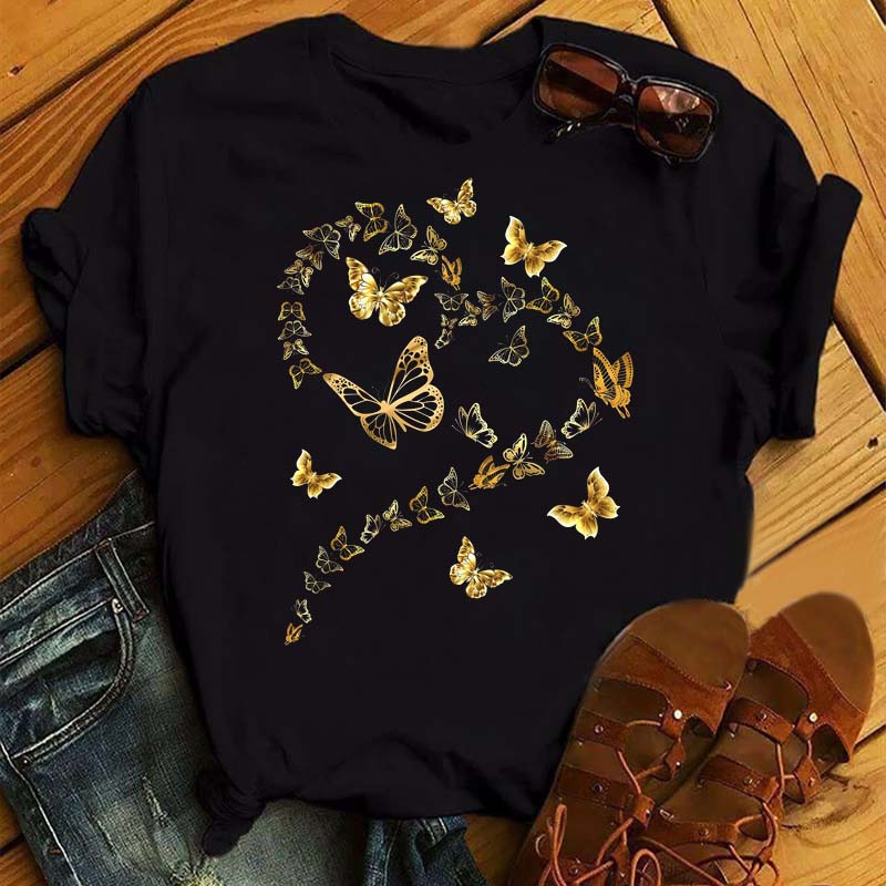 Watercolor Butterfly Heart Printed T Shirt New Unisex Black T Shirt Harajuku Cute Graphic Tee Shirt Ladies Casual Female Tops Tee