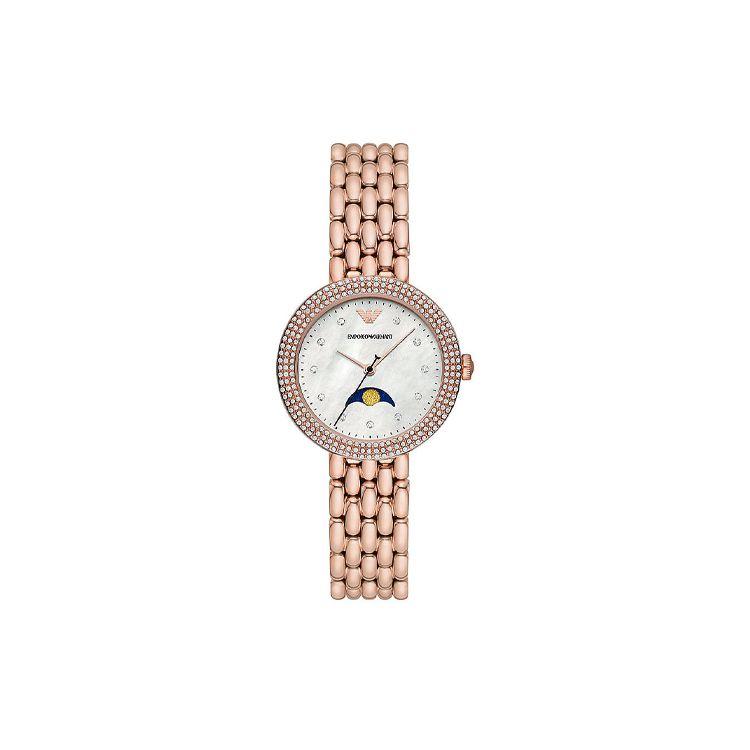 Emporio Armani Quartz Watch Stainless Steel Strap 32Mm White Dial Fashion Rose Gold Small Round Ladies Luxury Moon Phase Mother Of Pearl Dial AR11462