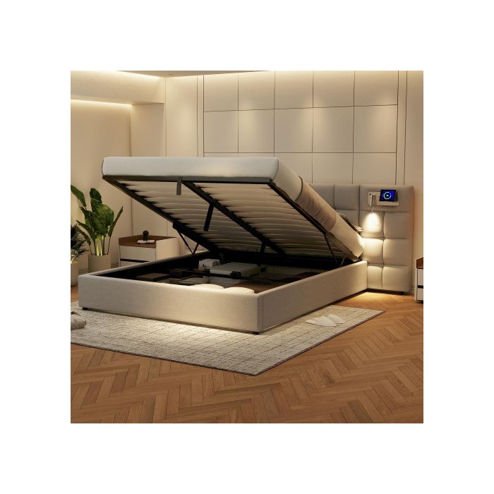 Lit hydraulique - MUVOE - 180 x 200 cm - Port USB - Chargeur sans fil - Lumière intégrée