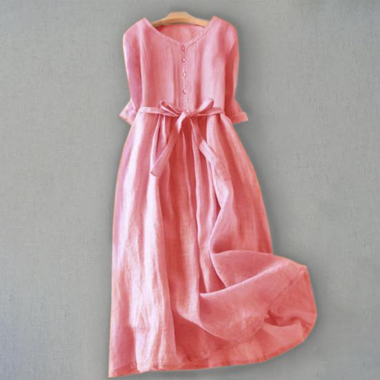 Женское летнее платье с круглым вырезом в стиле ретро, ​​чистый цвет, с короткими рукавами, плиссированное трапециевидное платье с высокой талией и большим подолом, однобортное платье миди для отдыха