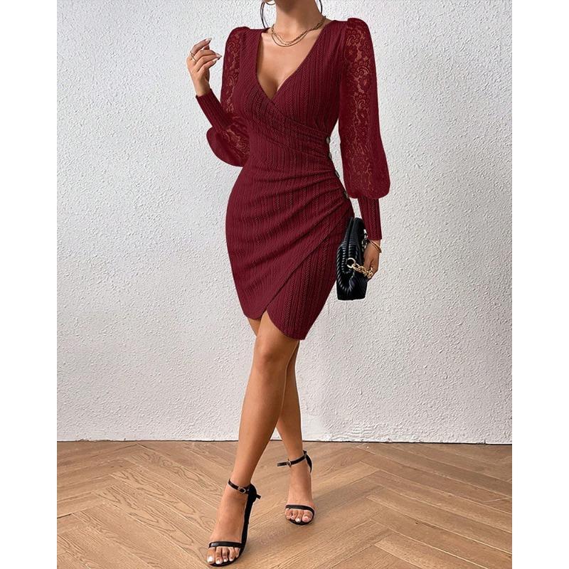 Women's New Autumn Solid Colour V-neck Slim Sexy Long-sleeved Tight Package Hip Dresses