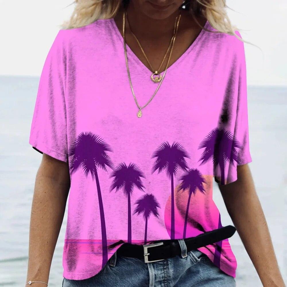 Гавайская футболка, женский топ с v-образным вырезом и коротким рукавом, футболка с принтом кокосовой пальмы, женская одежда большого размера, женский топ для отпуска