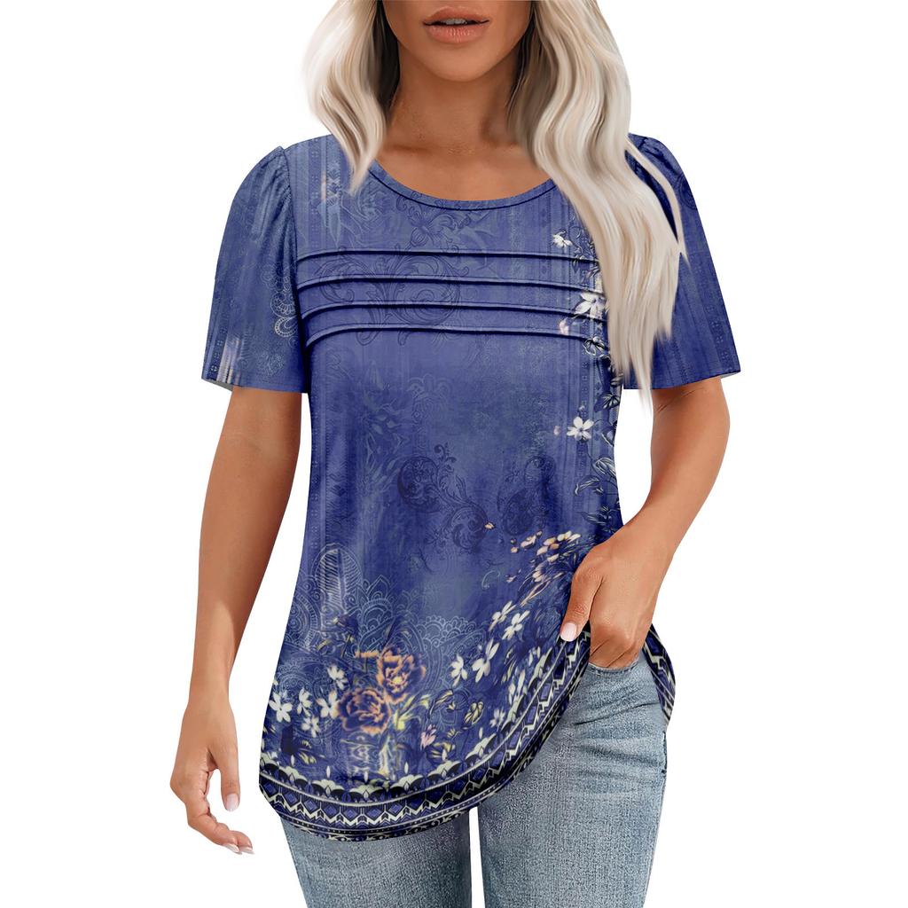 Ladies' Fashionable Printed Round Neck Pleated Short Sleeved Shirt