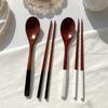 Camel Lacquered Spoon Gift Set, White, Black, 2 Spoons + 2 Chopsticks, Korean Popular Tableware