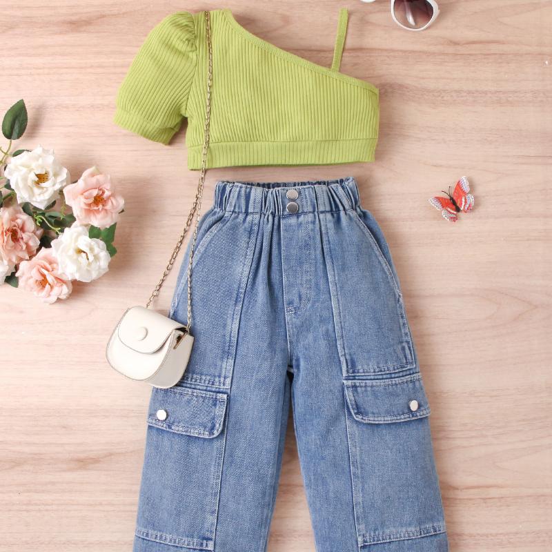 Комплект одежды для девочек: Летний детский однотонный свитер с короткими рукавами и открытыми плечами, комплект из двух предметов из денима с множеством пуговиц