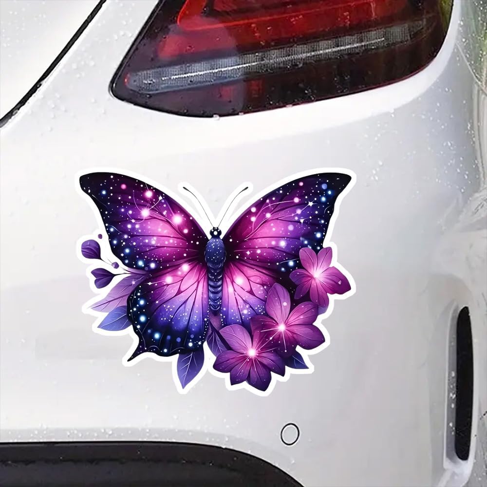2pc Vibrant Purple Butterfly and Floral Decal, 5.12''x4.13'' Vinyl Self-Adhesive Sticker for Car, Truck, Motorcycle, Laptop - Animal Themed Design,