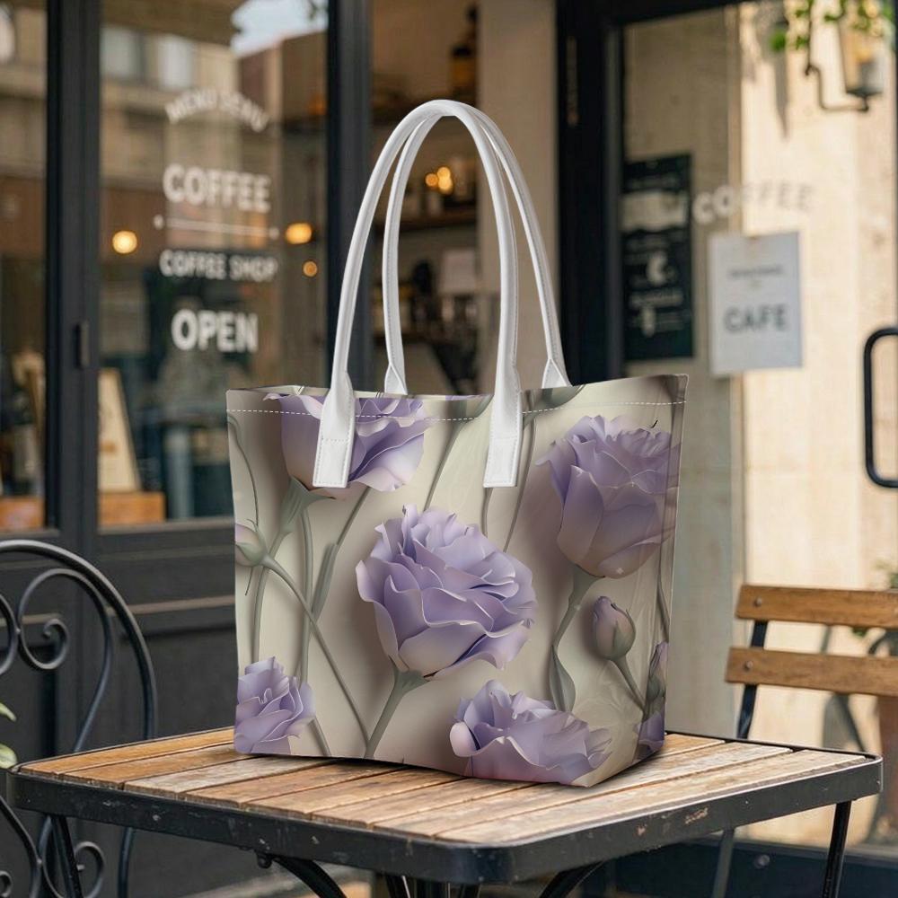 Elegant Lilac Floral Print Women Tote Bag Portable Daily Use Shopping Shoulder Bag Fashion Handbag for Outdoor