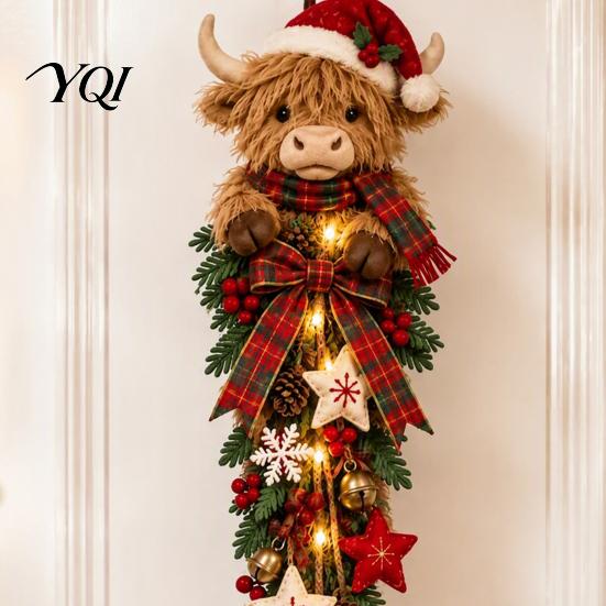 Plush Highland Cow Ornament Lighted Christmas Door Swag, LED Hanging Decor with Plaid Ribbon Traditional Red Green Holiday And Berries, Farmhouse for