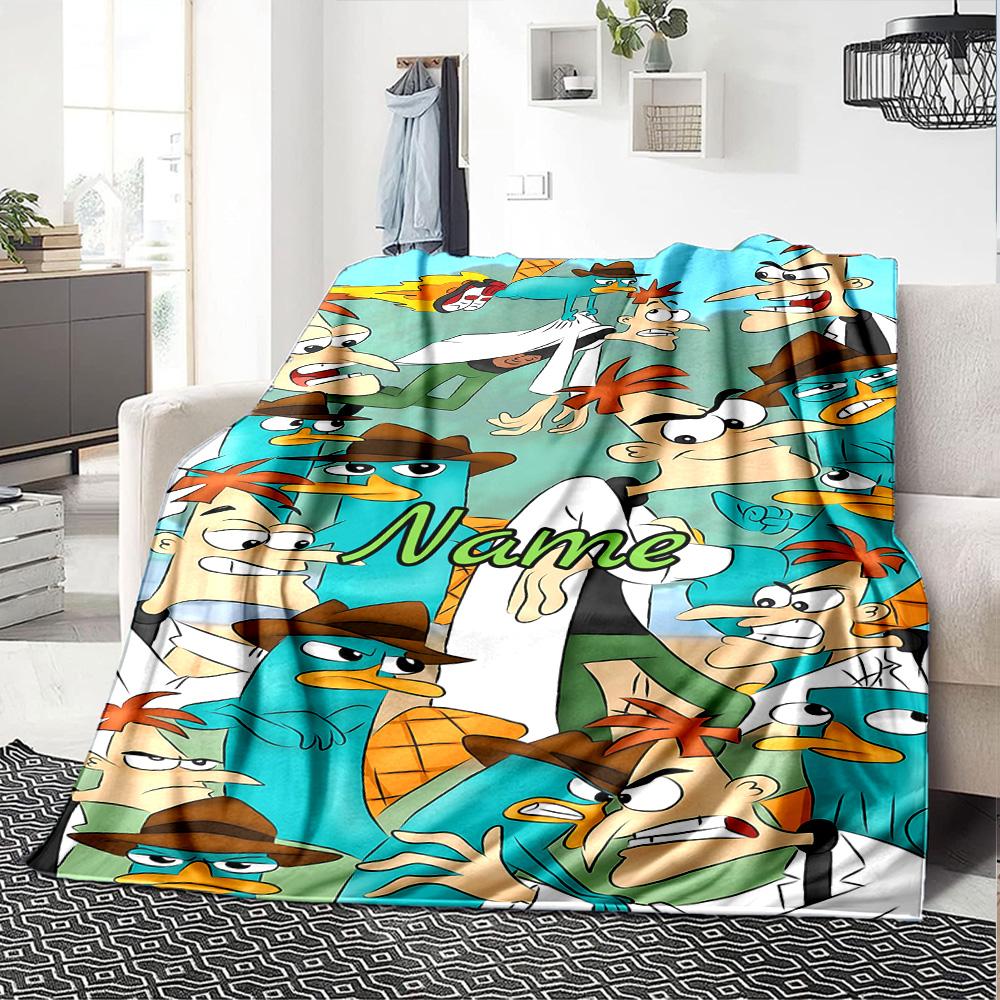Custom Name Phineas Ferb's Backyard Adventure flannel Blanket for Super Soft Cute Comfort Blanket for Travel Bedding Couch Sofa Blanket