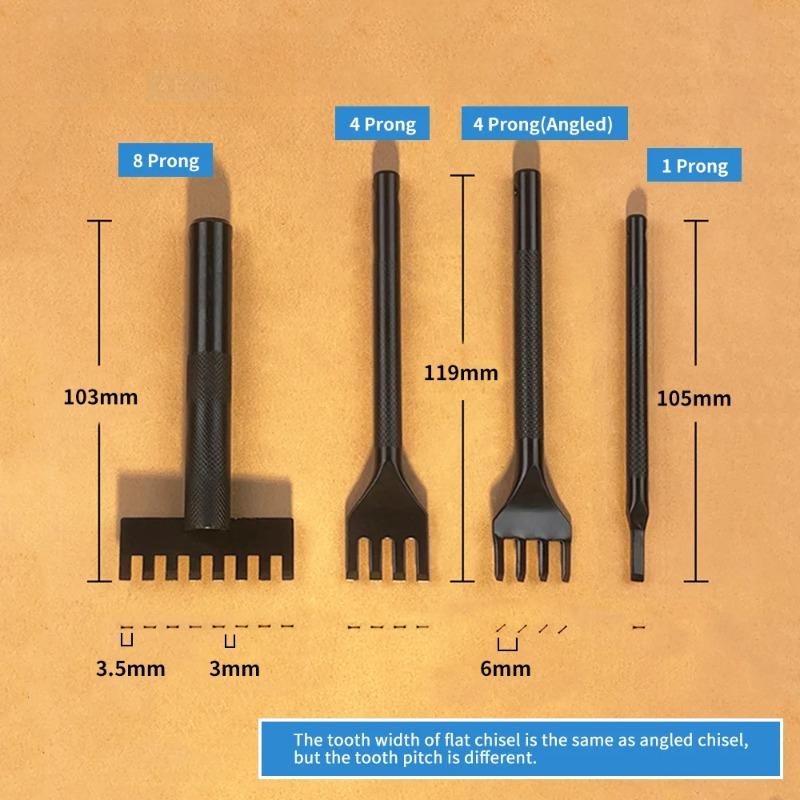 4 Pcs/Set Leather Lacing Chisel Flat Rope Weaving Punch DIY Sculpture Stitching Belt Hole 1/4/8 Prong Leather Lacing Chisels Kit.