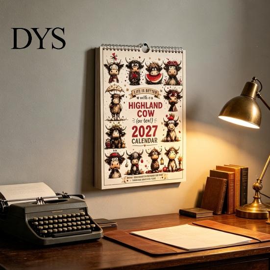 Книга напоминаний о встречах Настенный календарь 2027 с изображением шотландской коровы, Милый подвесной планировщик для дома, спальни, арт-офиса, Рустикальный декор для фермерского дома, Уникальный