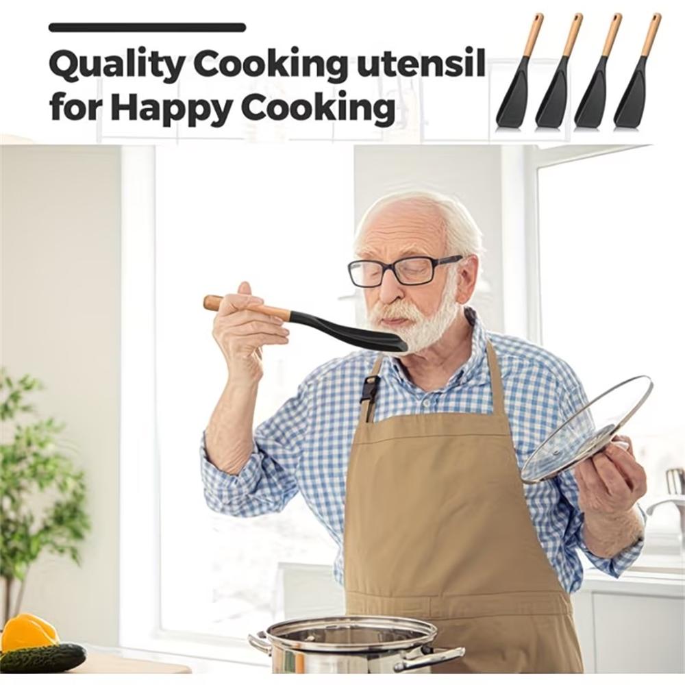Multifunction Silicone Cooking Spoon Spatula for Nonstick Cookware,Heat Resistant Kitchen Gadgets Utensil Set with Wooden Handle