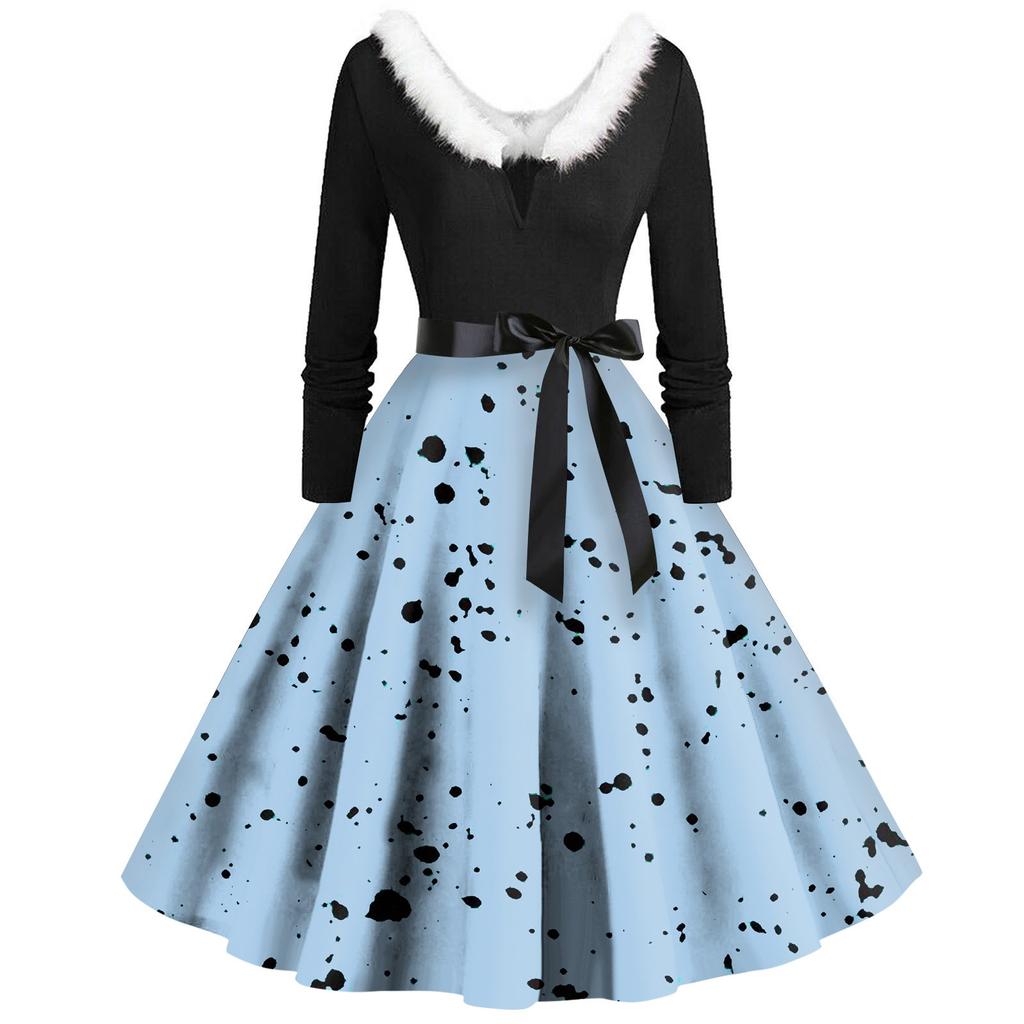 Женское повседневное и модное платье с длинными рукавами, V-образным вырезом и принтом в горошек, застегивающееся на молнию