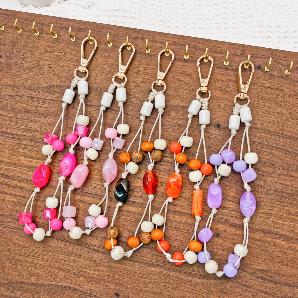 Unique Acrylic Wooden Bead Mobile Phone Strap KeyChain Phone Charm Hanging Wristband for Women's Cell Phone Case Decoration Gift