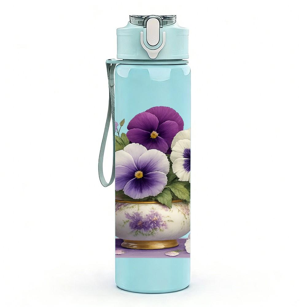 1PC Purple Pansy Flower Vase 750ml Color Plastic Sports Water Bottle Leakproof Flip Straw Lid For Sports Office Home Use