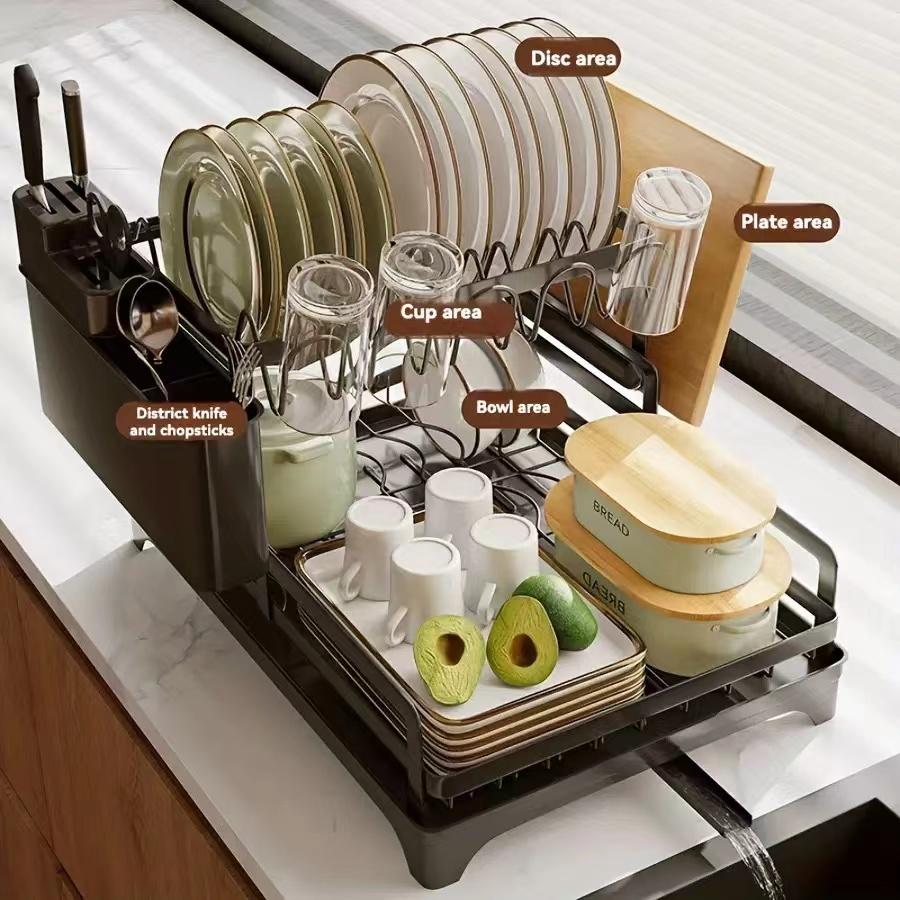 2 Tier Dish Rack with Drainboard Kitchen Dish Bowl Drainer Storage Rack Countertop Dinnerware Organizer Knife Fork Cup Holder