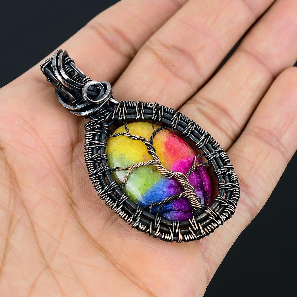 Древо жизни Радуга Солнечный кварц Драгоценный камень Чистая медная проволока Обертка ручной работы Роскошный ювелирный кулон