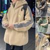 Men Hooded Jacket Winter Warm Thick Faux Sherpa Drawstring Hem Contrast Color Zipper Pocket Long Sleeves Loose Fit Oversized Students Male Casual Coat