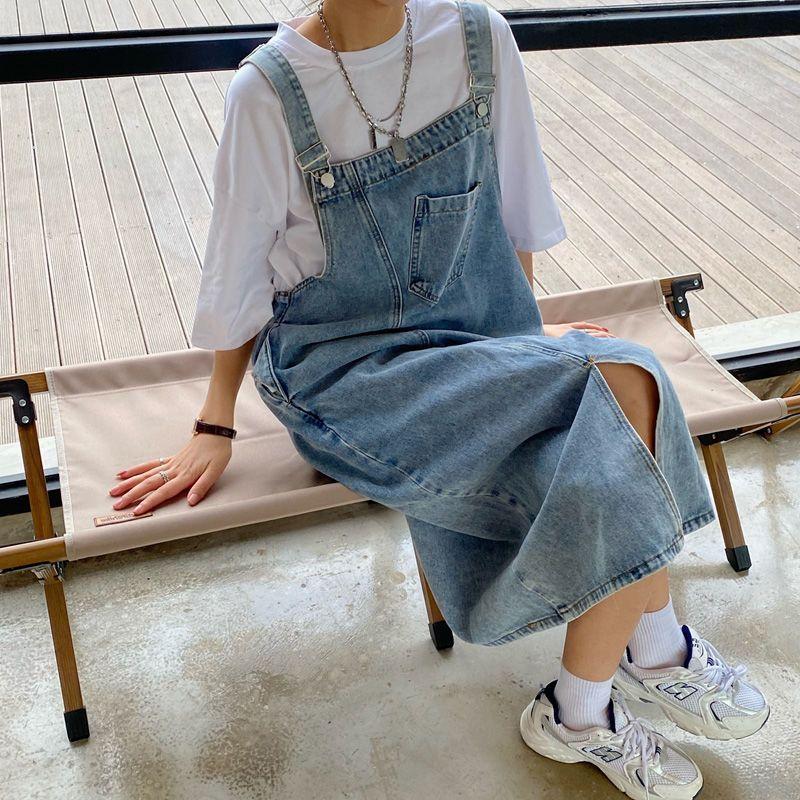 Милое крутое милое джинсовое платье с подтяжками женское онлайн-влиятельное лицо Fried Street антивозрастной модный дизайн Sense Лето с разрезом длинное