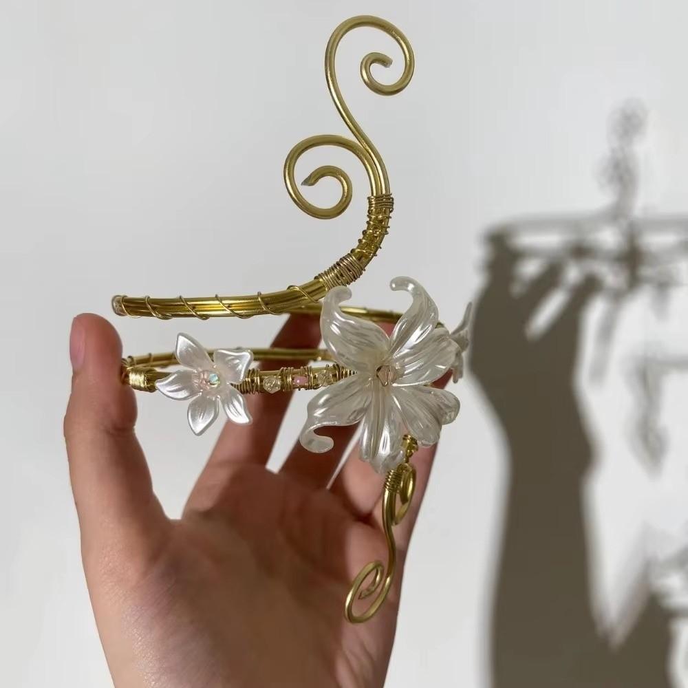 Gold Color Metal Floral Open Cuff Armlet Enamel Glaze Craft Spiral Arm Bracelet Vacation Style