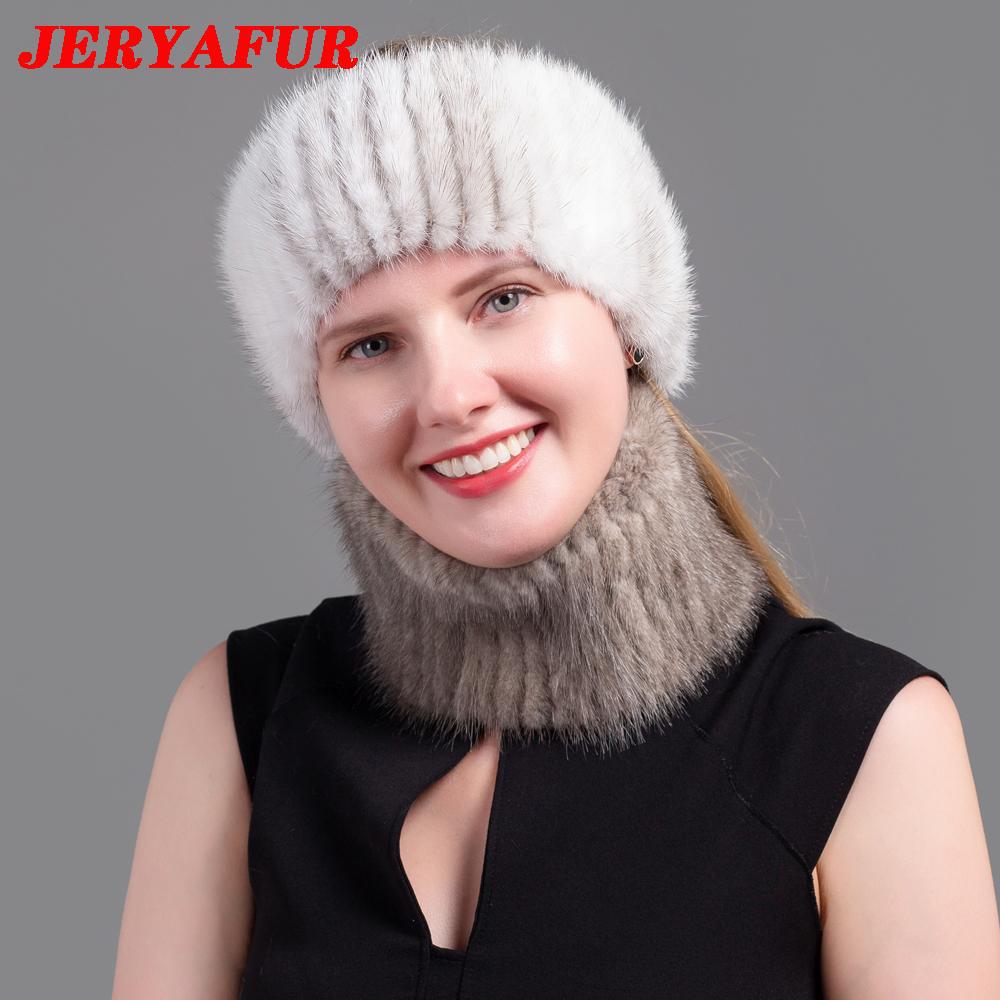 JERYAFUR Ladies Winter Knitted Leather Straw Hat Real Mink Scarf Hat Stretch Luxury Mink Empty Top Hat