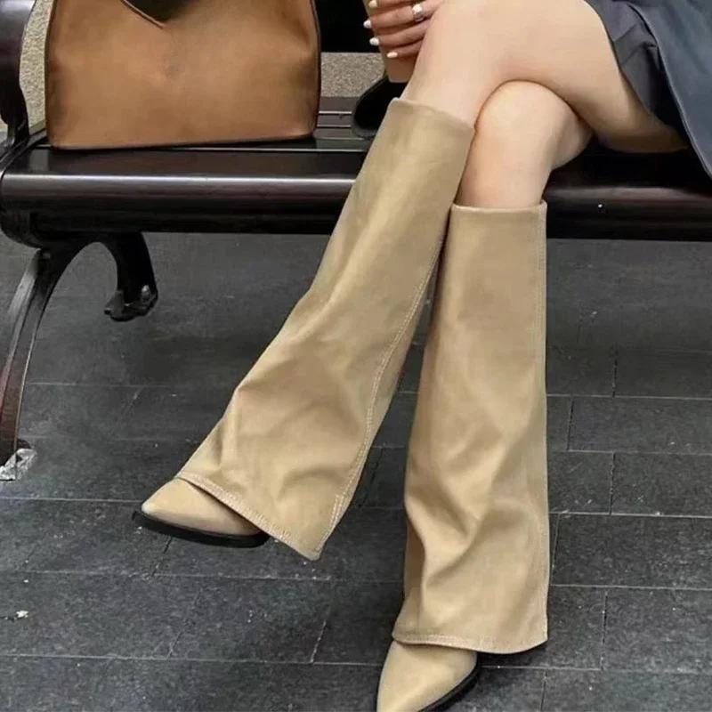 Women Chunky High Boots Pointed Toe Shoes Sexy Lady Dress Gladiator Autumn New 2024 Trend Retro Fad Woman Boots Goth Botas Mujer