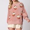 Women Fall Spring Sweatshirt Sequin Cupcake Pattern Round Neck Loose Full Sleeves