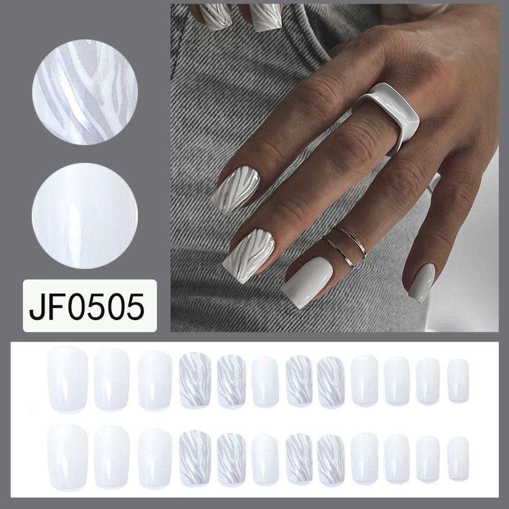 24pcs Detachable Fake Nials Press on Nails Silver Flame Short Square False Nails French White Edge
