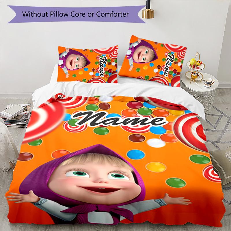 3pcs Masha and the Bear4 Cover Set - Personalized Name, HD Printed Bedding with 1 Cover and 2 Pillowcases - Perfect for Home Decor, Easy Care